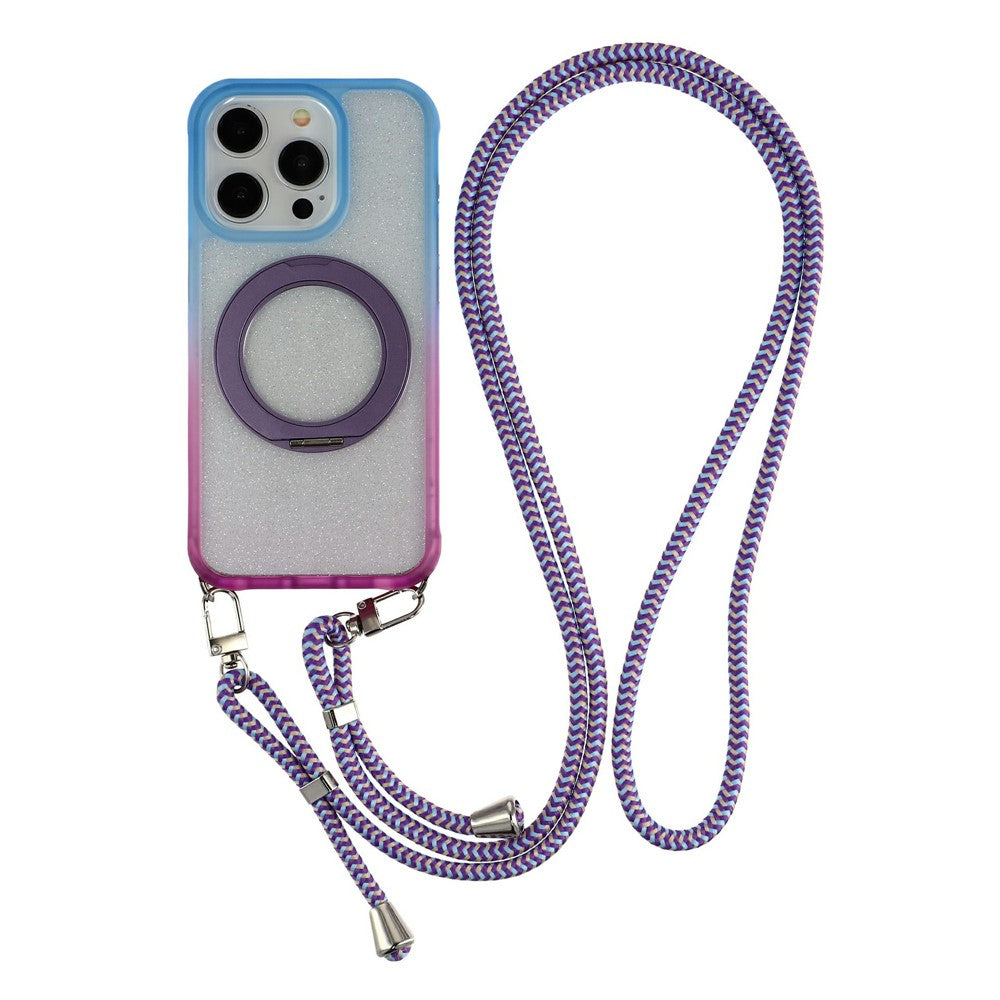 Til iPhone 15 Pro Max cover med 150 cm lanyard, ring-kickstand, gradient glimmer PC + TPU telefoncover