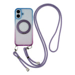 For iPhone 16 Case with 150cm Lanyard, Ring Kickstand Gradient Glitter PC + TPU Phone Cover