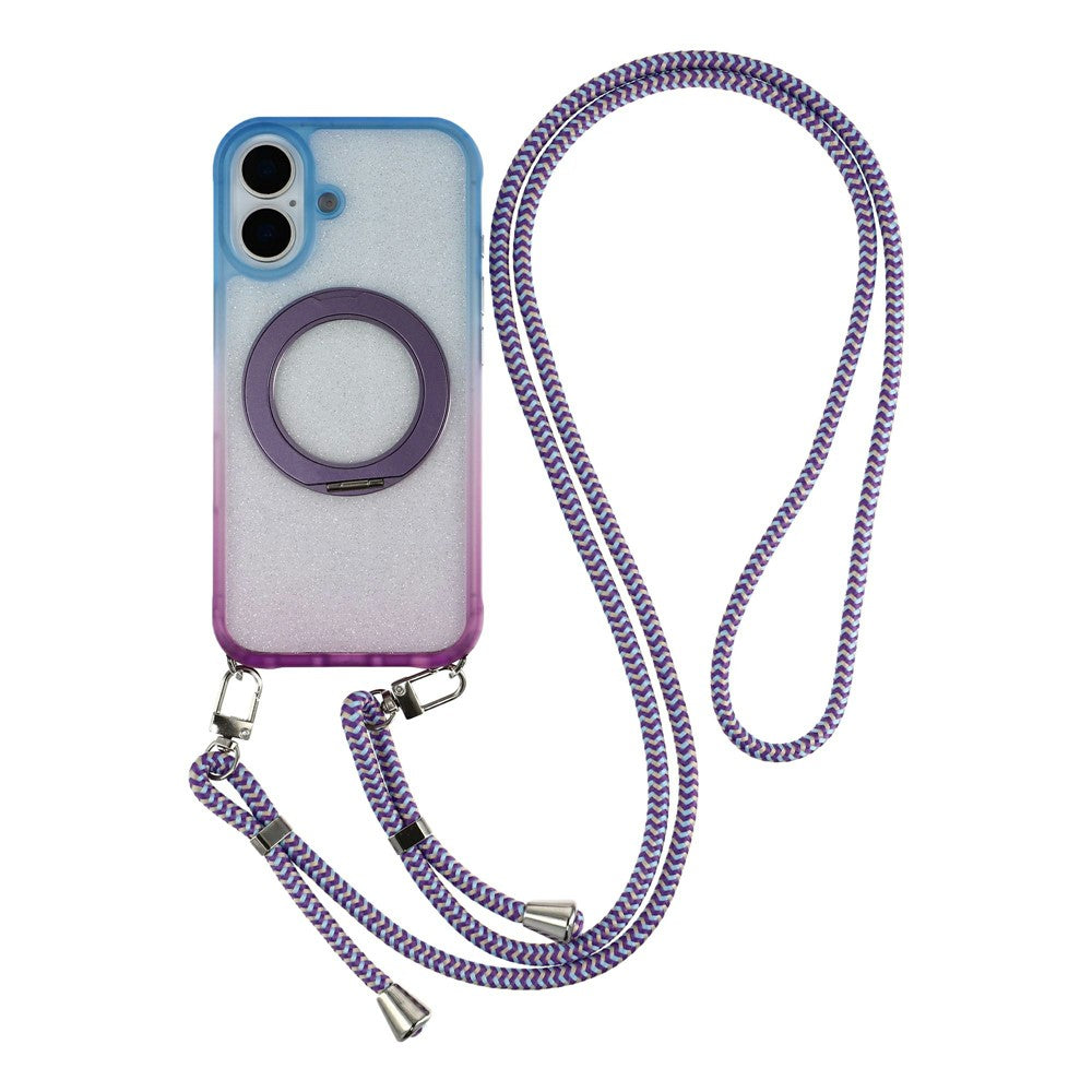 For iPhone 16 Case with 150cm Lanyard, Ring Kickstand Gradient Glitter PC + TPU Phone Cover