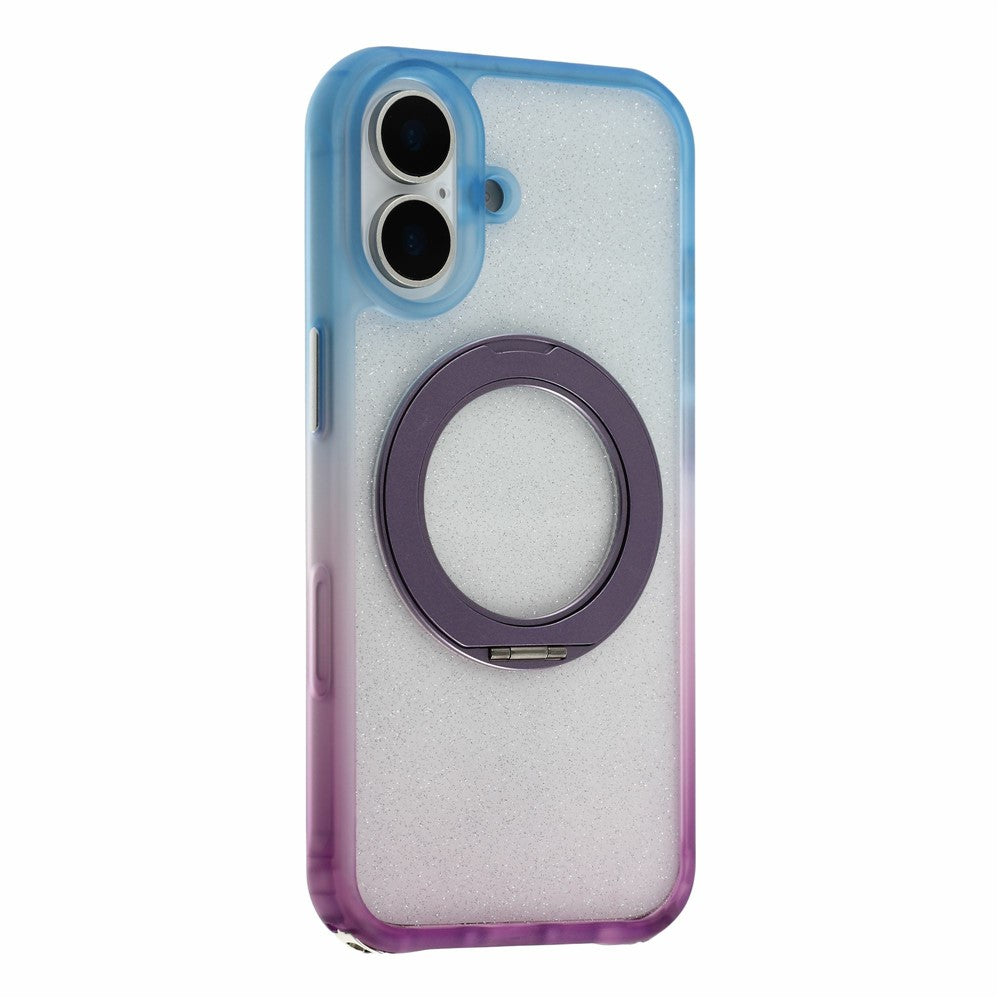 For iPhone 16 Case with 150cm Lanyard, Ring Kickstand Gradient Glitter PC + TPU Phone Cover