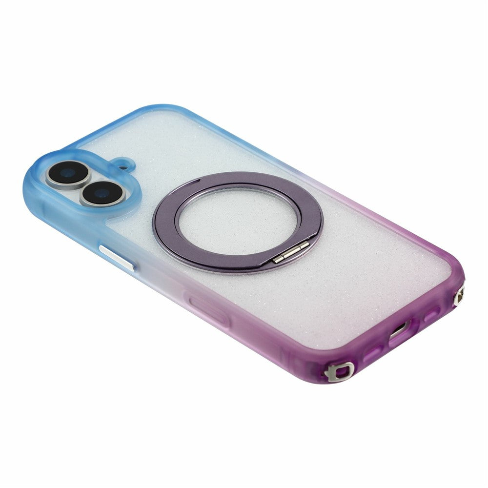 For iPhone 16 Case with 150cm Lanyard, Ring Kickstand Gradient Glitter PC + TPU Phone Cover