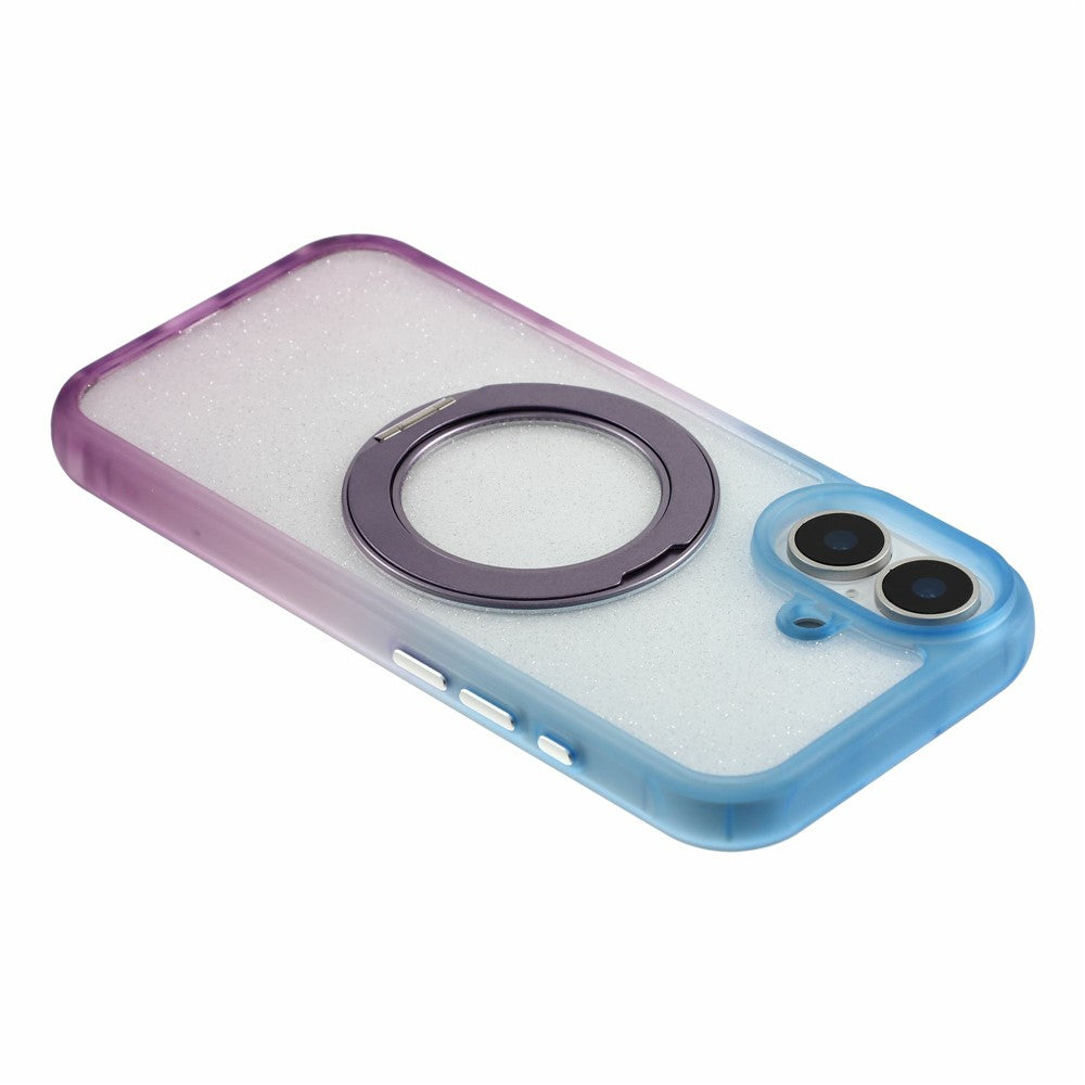 For iPhone 16 Case with 150cm Lanyard, Ring Kickstand Gradient Glitter PC + TPU Phone Cover