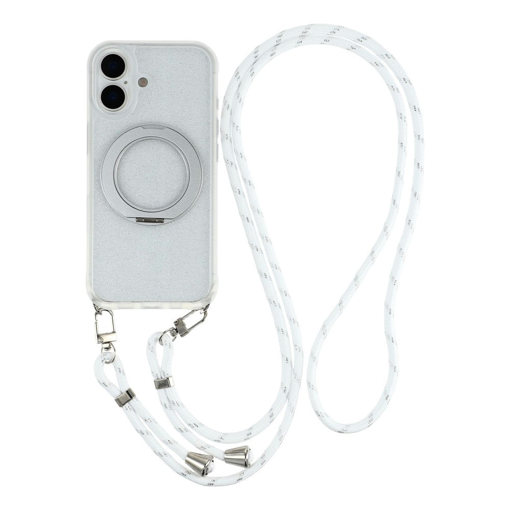For iPhone 16 Case with 150cm Lanyard, Ring Kickstand Gradient Glitter PC + TPU Phone Cover