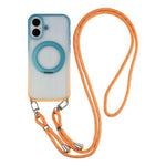 For iPhone 16 Case with 150cm Lanyard, Ring Kickstand Gradient Glitter PC + TPU Phone Cover
