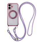For iPhone 16 Case with 150cm Lanyard, Ring Kickstand Gradient Glitter PC + TPU Phone Cover