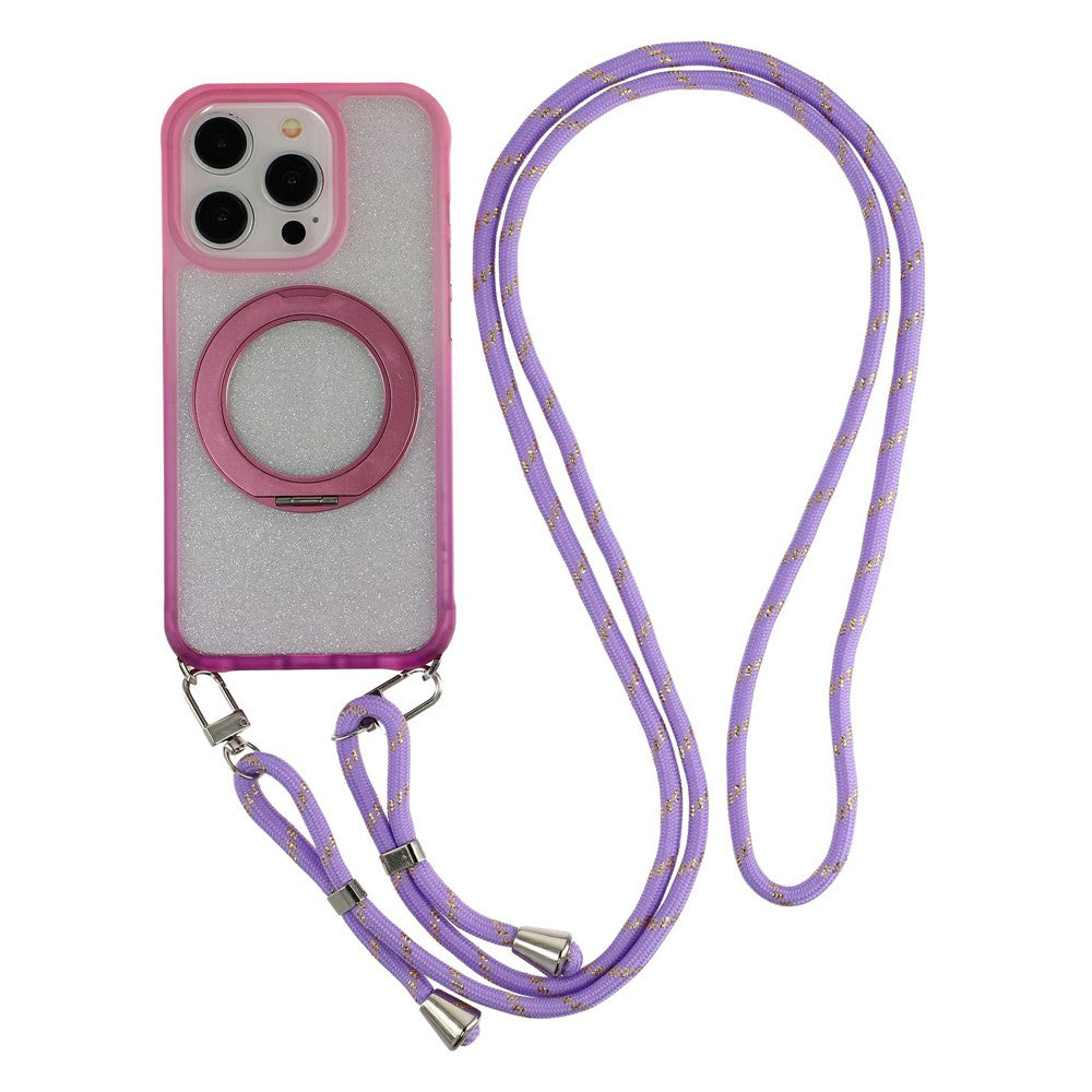 For iPhone 16 Pro Case with 150cm Lanyard , Ring Kickstand Gradient Glitter PC + TPU Phone Cover