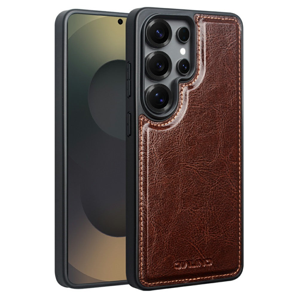 QIALINO for Samsung	Galaxy S25 Ultra Case Genuine Cow Leather + TPU Shockproof Protective Back Cover