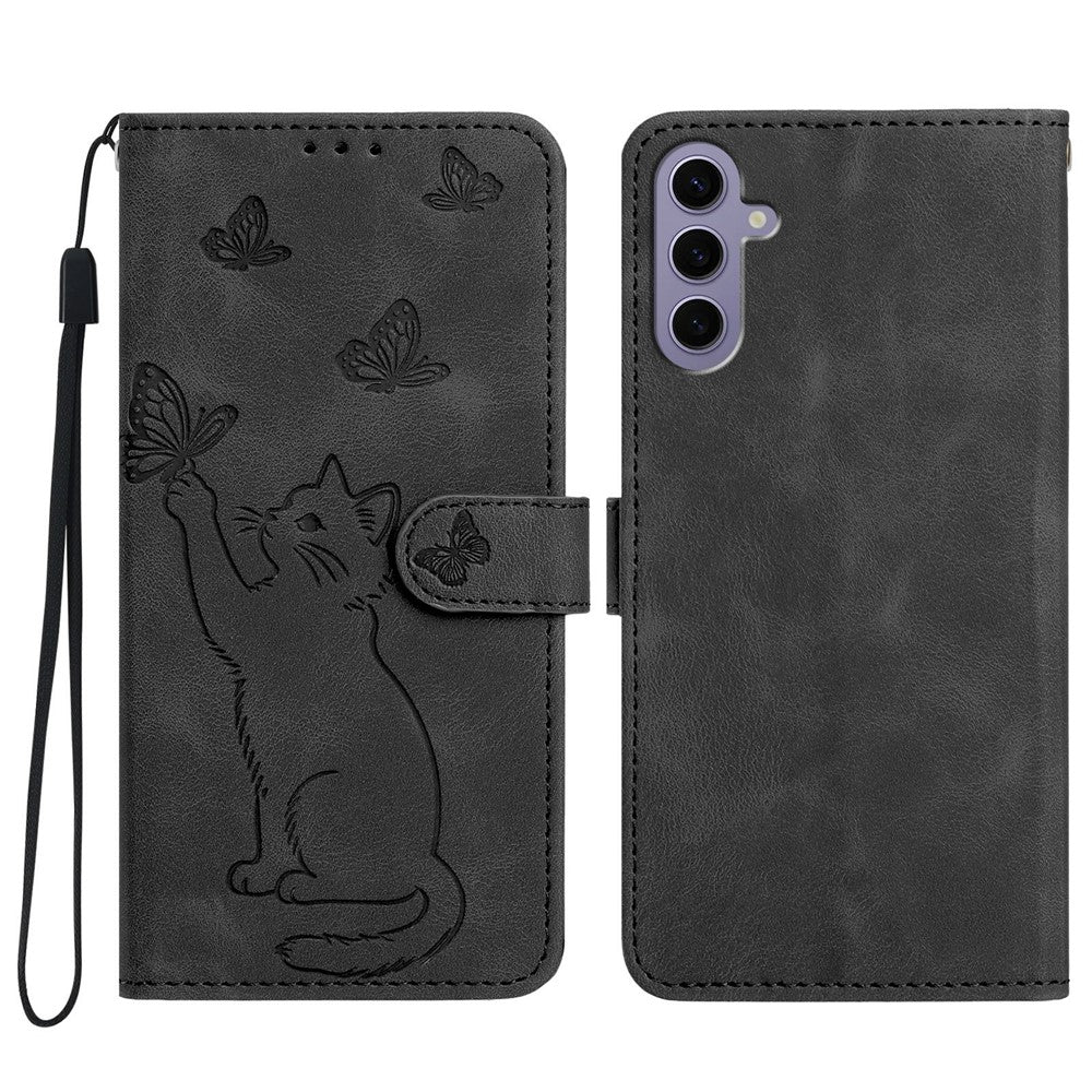 For Samsung Galaxy A16 5G / A16 4G Wallet Case Imprinted Cat Butterfly Leather Phone Cover with Wrist Strap