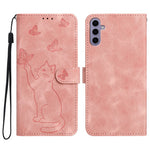 For Samsung Galaxy A16 5G / A16 4G Wallet Case Imprinted Cat Butterfly Leather Phone Cover with Wrist Strap