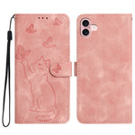 For iPhone 16 Wallet Case Imprinted Cat Butterfly Leather Phone Cover with Wrist Strap