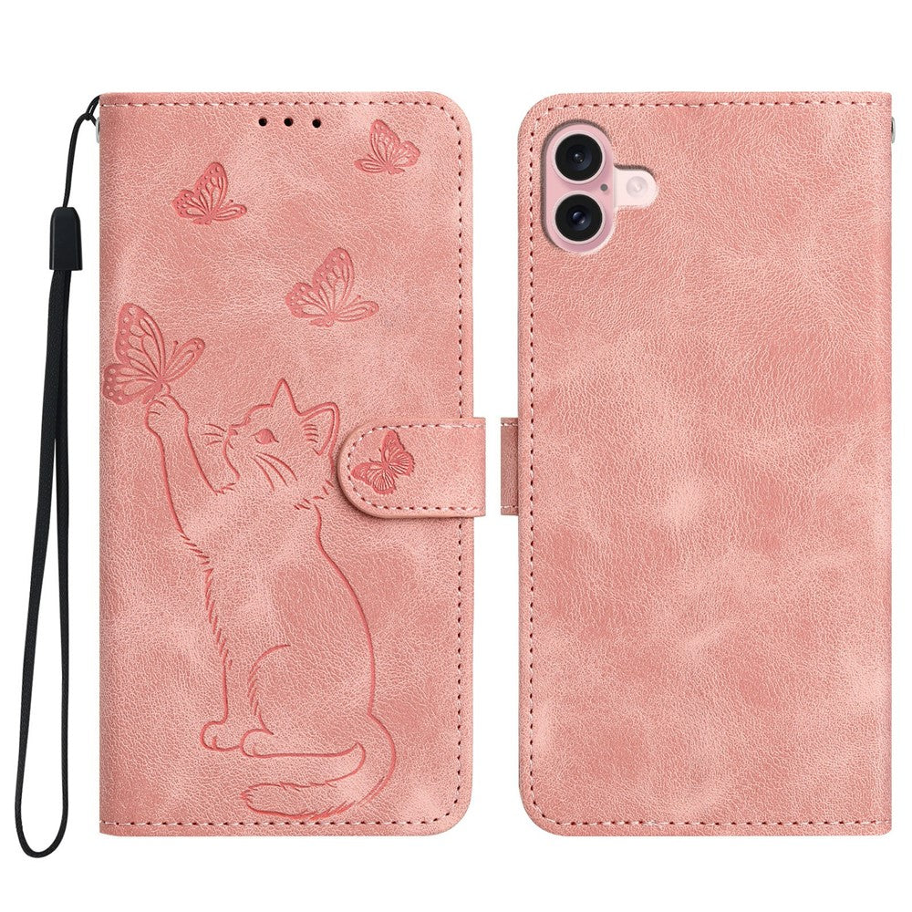 For iPhone 16 Wallet Case Imprinted Cat Butterfly Leather Phone Cover with Wrist Strap