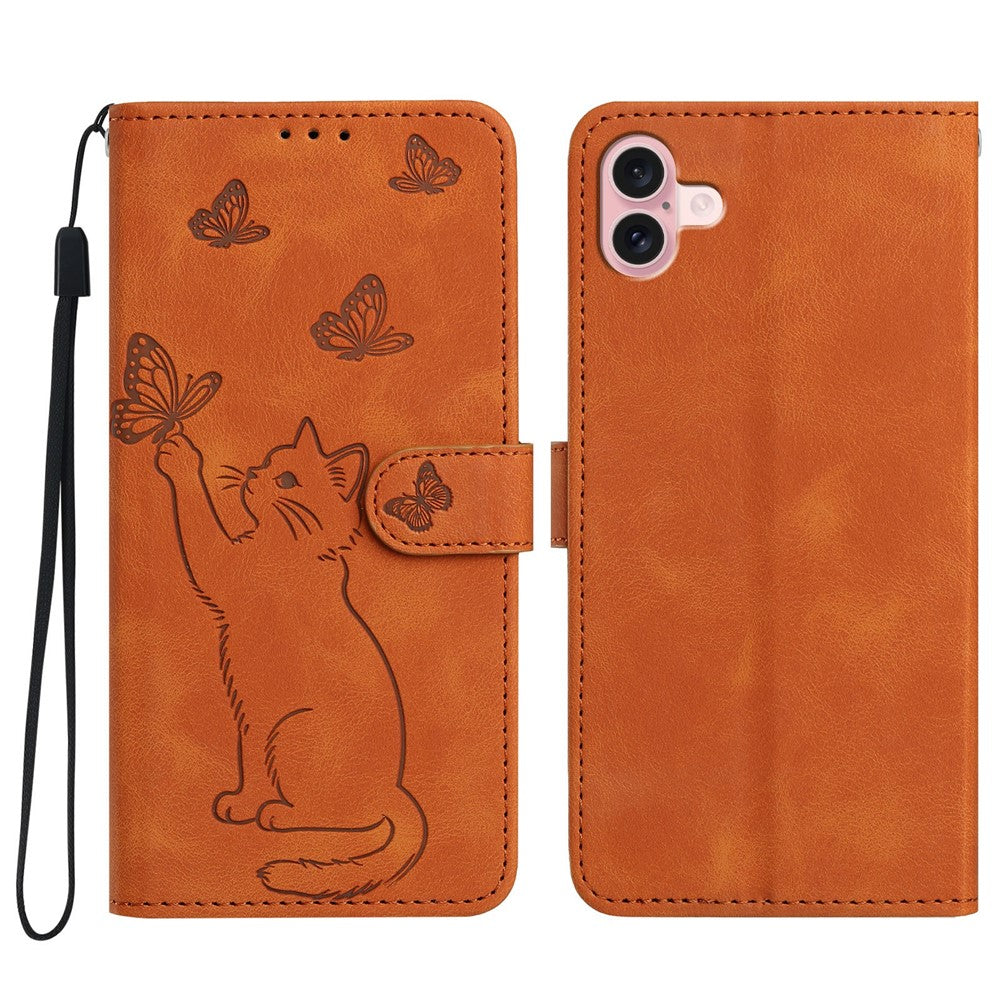 For iPhone 16 Wallet Case Imprinted Cat Butterfly Leather Phone Cover with Wrist Strap