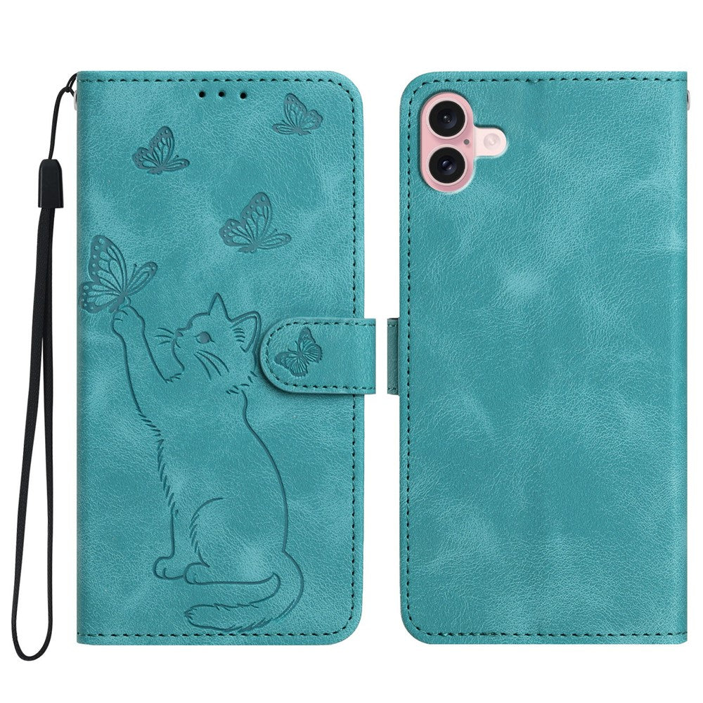For iPhone 16 Wallet Case Imprinted Cat Butterfly Leather Phone Cover with Wrist Strap