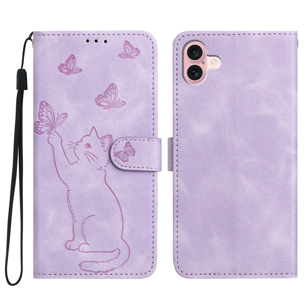 For iPhone 16 Wallet Case Imprinted Cat Butterfly Leather Phone Cover with Wrist Strap