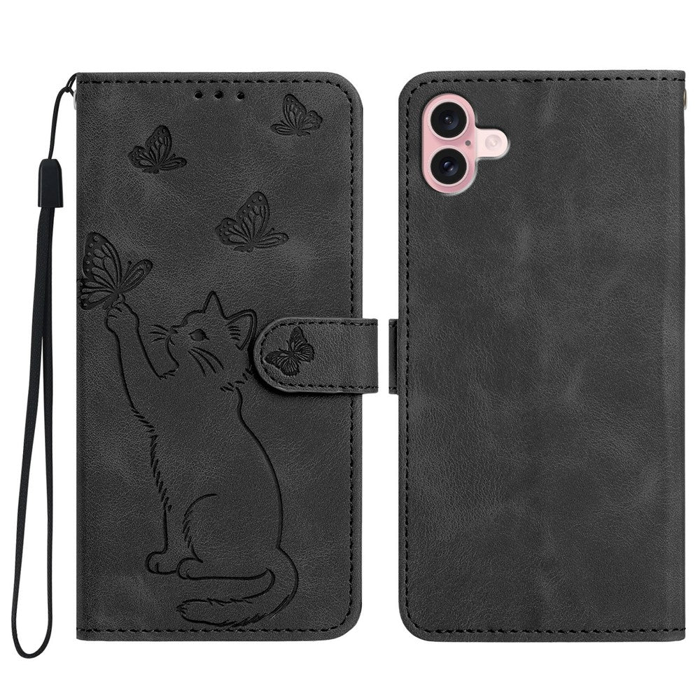 For iPhone 16 Plus Wallet Case Imprinted Cat Butterfly Leather Phone Cover with Wrist Strap