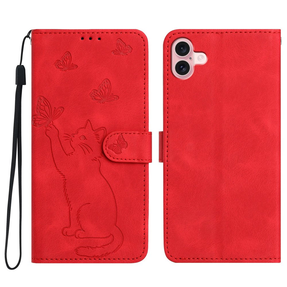 For iPhone 16 Plus Wallet Case Imprinted Cat Butterfly Leather Phone Cover with Wrist Strap