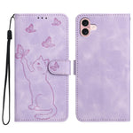 For iPhone 16 Plus Wallet Case Imprinted Cat Butterfly Leather Phone Cover with Wrist Strap