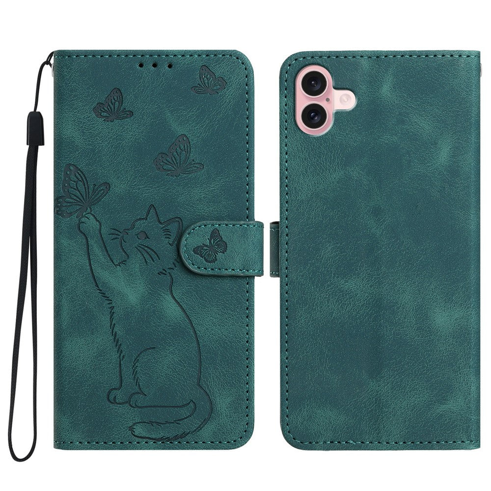 For iPhone 16 Plus Wallet Case Imprinted Cat Butterfly Leather Phone Cover with Wrist Strap
