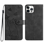 Til iPhone 16 Pro Pung Etui Præget Kat Sommerfugl Læder Telefoncover med Håndrem