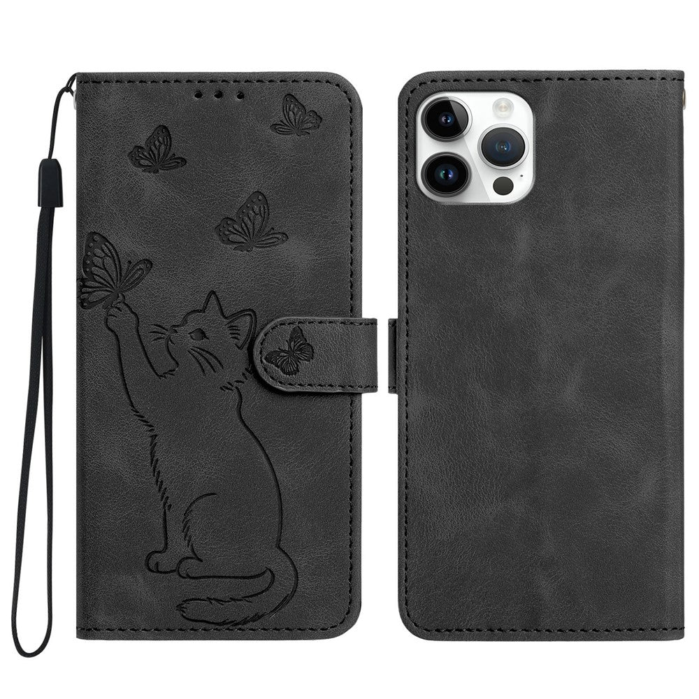 Til iPhone 16 Pro Pung Etui Præget Kat Sommerfugl Læder Telefoncover med Håndrem