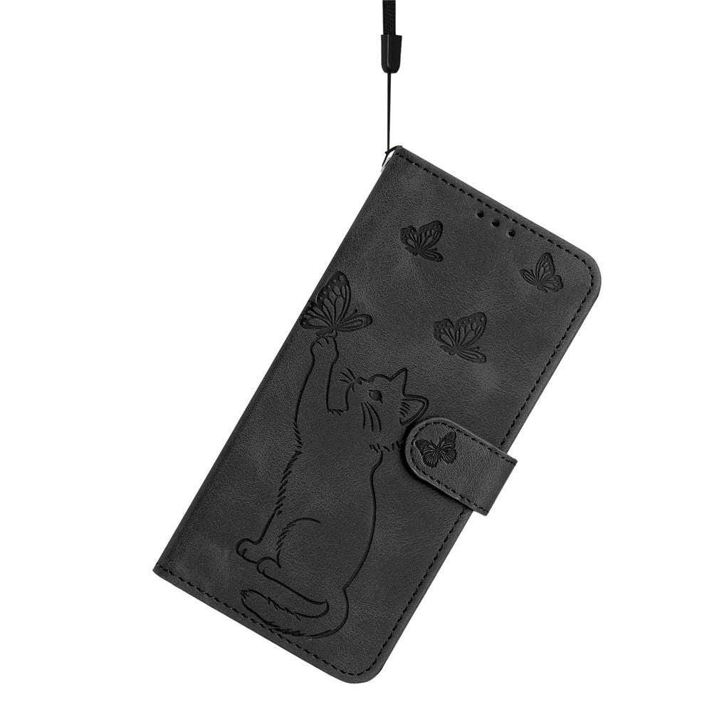 Til iPhone 16 Pro Pung Etui Præget Kat Sommerfugl Læder Telefoncover med Håndrem