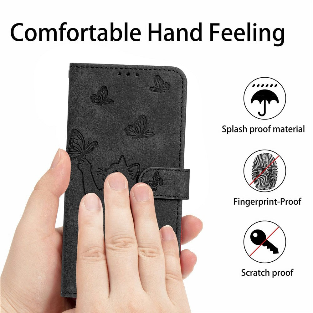 Til iPhone 16 Pro Pung Etui Præget Kat Sommerfugl Læder Telefoncover med Håndrem