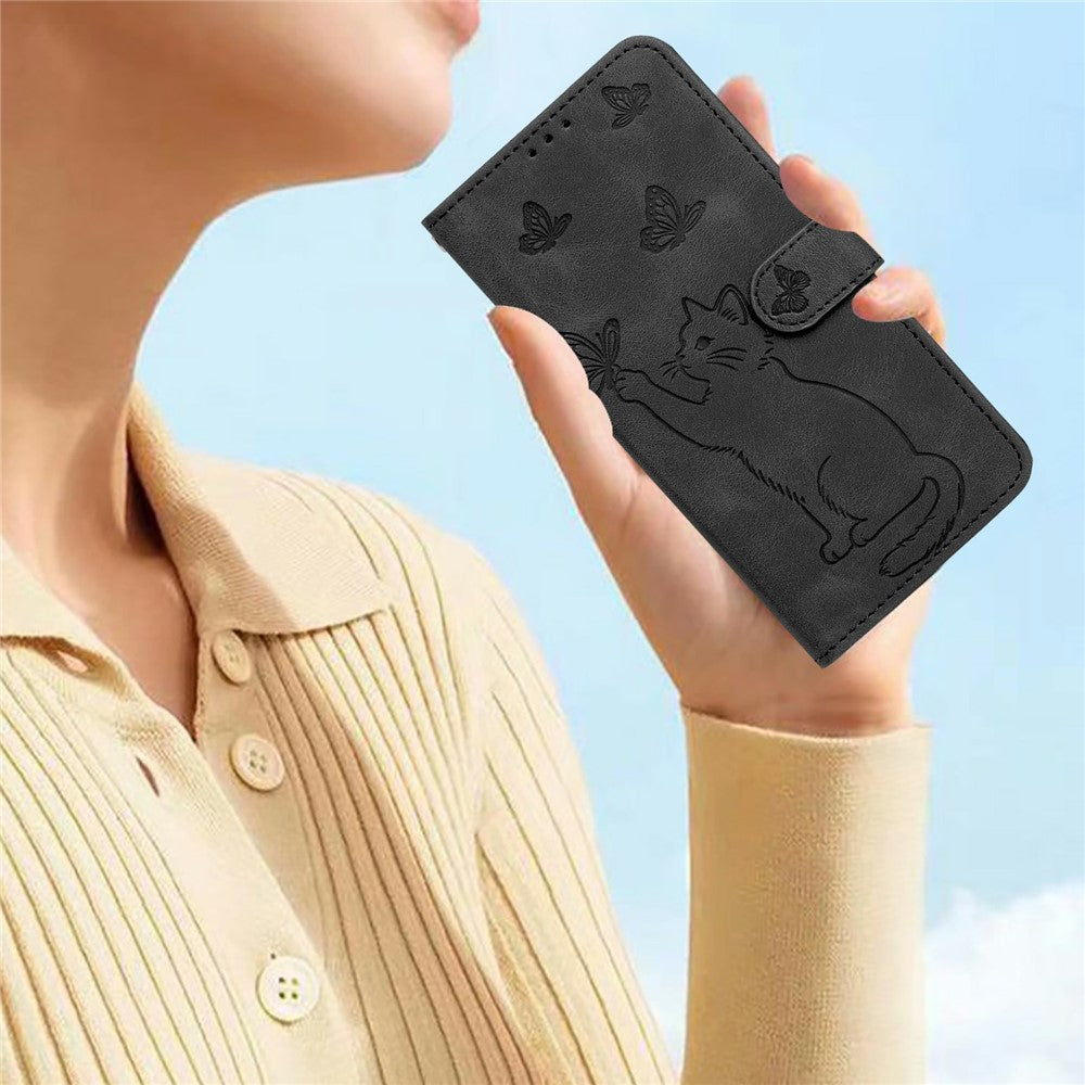 Til iPhone 16 Pro Pung Etui Præget Kat Sommerfugl Læder Telefoncover med Håndrem