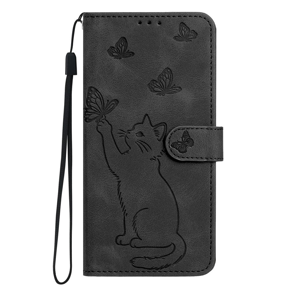 Til iPhone 16 Pro Pung Etui Præget Kat Sommerfugl Læder Telefoncover med Håndrem