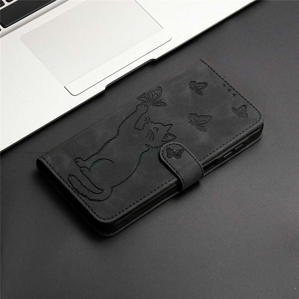 Til iPhone 16 Pro Pung Etui Præget Kat Sommerfugl Læder Telefoncover med Håndrem