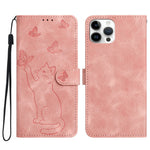 Til iPhone 16 Pro Pung Etui Præget Kat Sommerfugl Læder Telefoncover med Håndrem