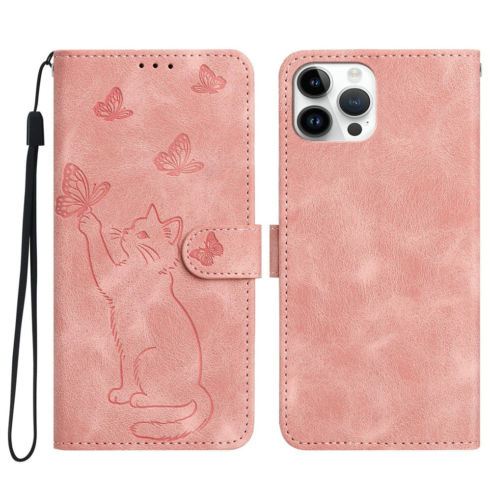 Til iPhone 16 Pro Pung Etui Præget Kat Sommerfugl Læder Telefoncover med Håndrem