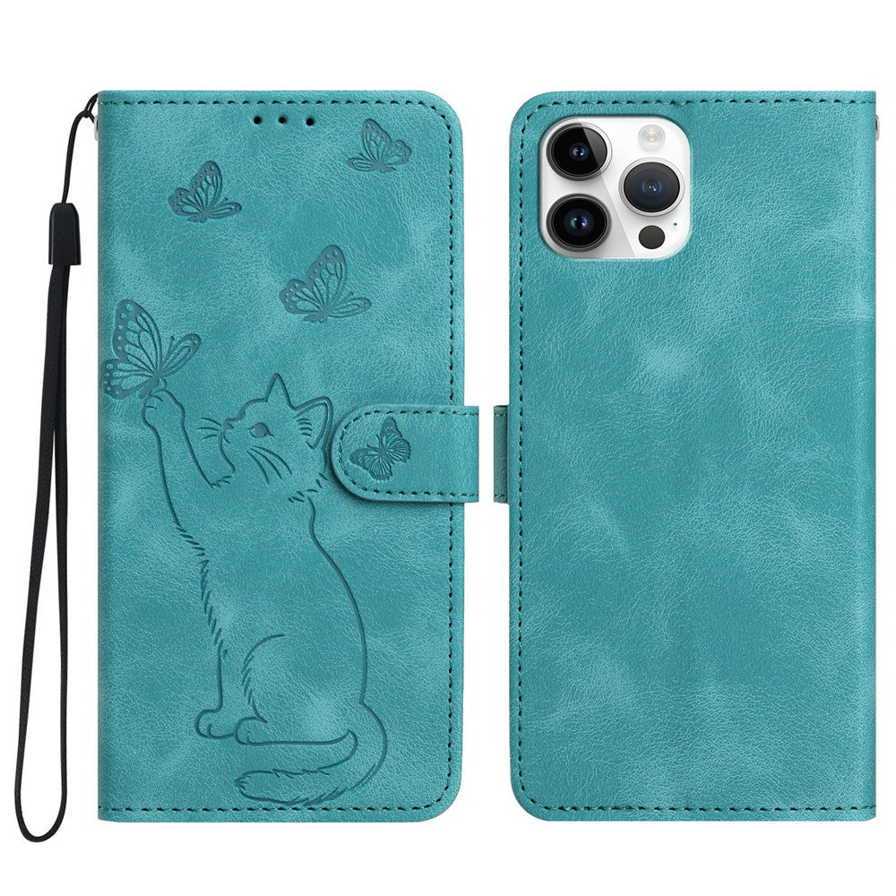 Til iPhone 16 Pro Pung Etui Præget Kat Sommerfugl Læder Telefoncover med Håndrem