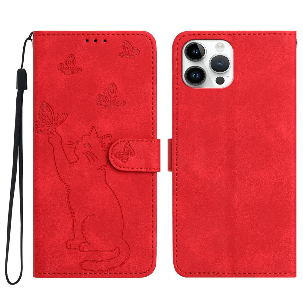 Til iPhone 16 Pro Pung Etui Præget Kat Sommerfugl Læder Telefoncover med Håndrem