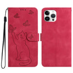 Til iPhone 16 Pro Pung Etui Præget Kat Sommerfugl Læder Telefoncover med Håndrem