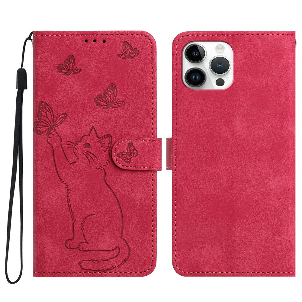 Til iPhone 16 Pro Pung Etui Præget Kat Sommerfugl Læder Telefoncover med Håndrem