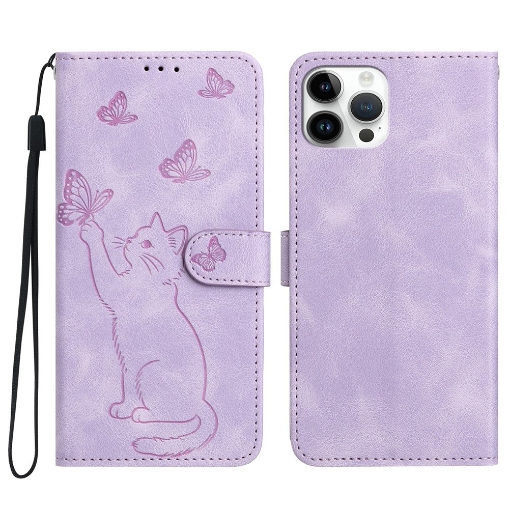 Til iPhone 16 Pro Pung Etui Præget Kat Sommerfugl Læder Telefoncover med Håndrem