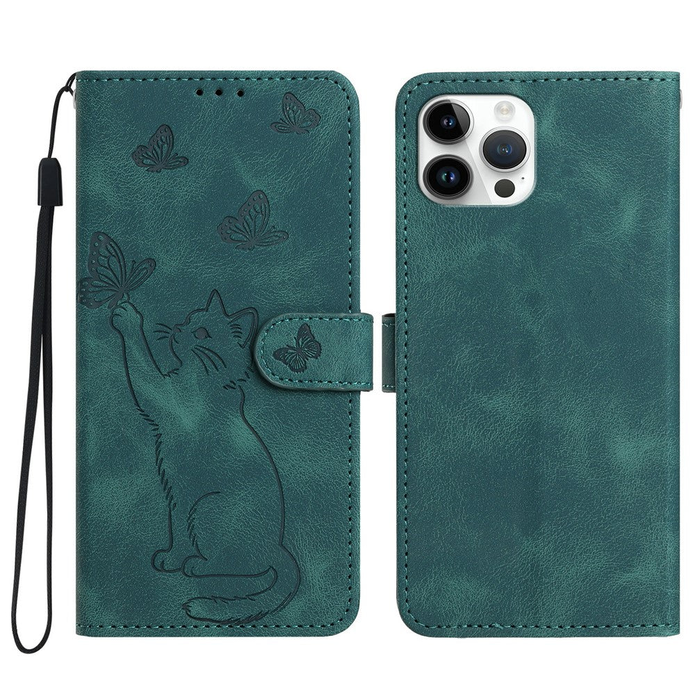 Til iPhone 16 Pro Pung Etui Præget Kat Sommerfugl Læder Telefoncover med Håndrem