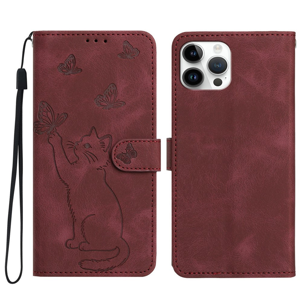 Til iPhone 16 Pro Pung Etui Præget Kat Sommerfugl Læder Telefoncover med Håndrem