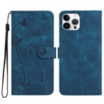 Til iPhone 16 Pro Pung Etui Præget Kat Sommerfugl Læder Telefoncover med Håndrem