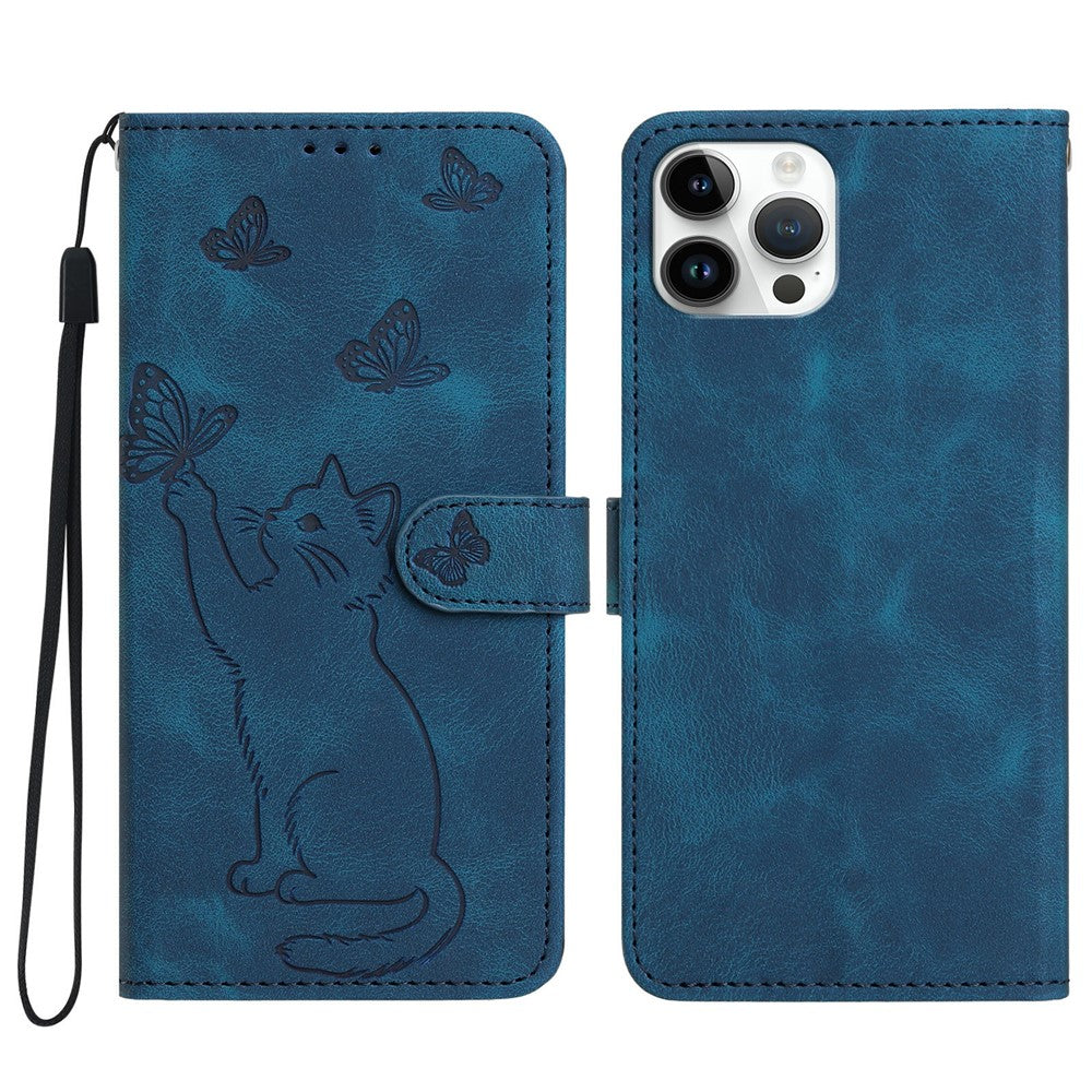 Til iPhone 16 Pro Pung Etui Præget Kat Sommerfugl Læder Telefoncover med Håndrem