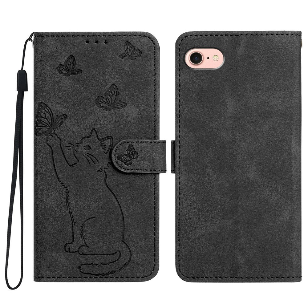 For iPhone 17th / 16th Wallet Case Imprinted Cat Butterfly Leather Phone Cover with Wrist Strap
