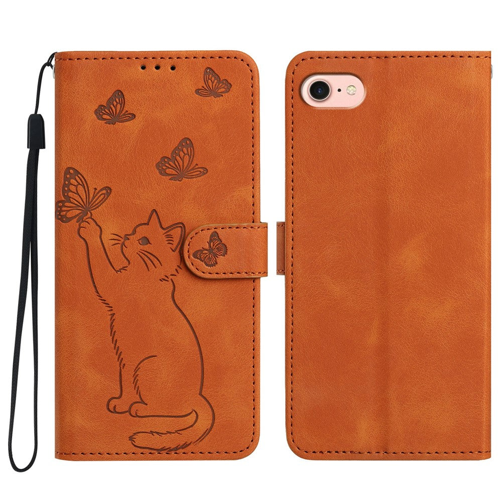 For iPhone 17th / 16th Wallet Case Imprinted Cat Butterfly Leather Phone Cover with Wrist Strap