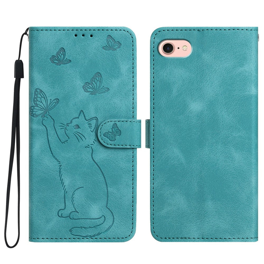 For iPhone 17th / 16th Wallet Case Imprinted Cat Butterfly Leather Phone Cover with Wrist Strap