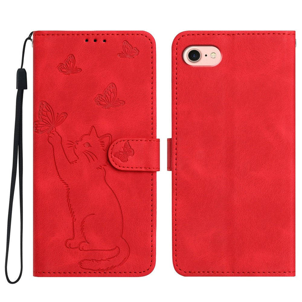 Til iPhone 17e / 16e Pung Etui Med Katte- og Sommerfuglemotiv i Læder, Telefoncover med Håndrem