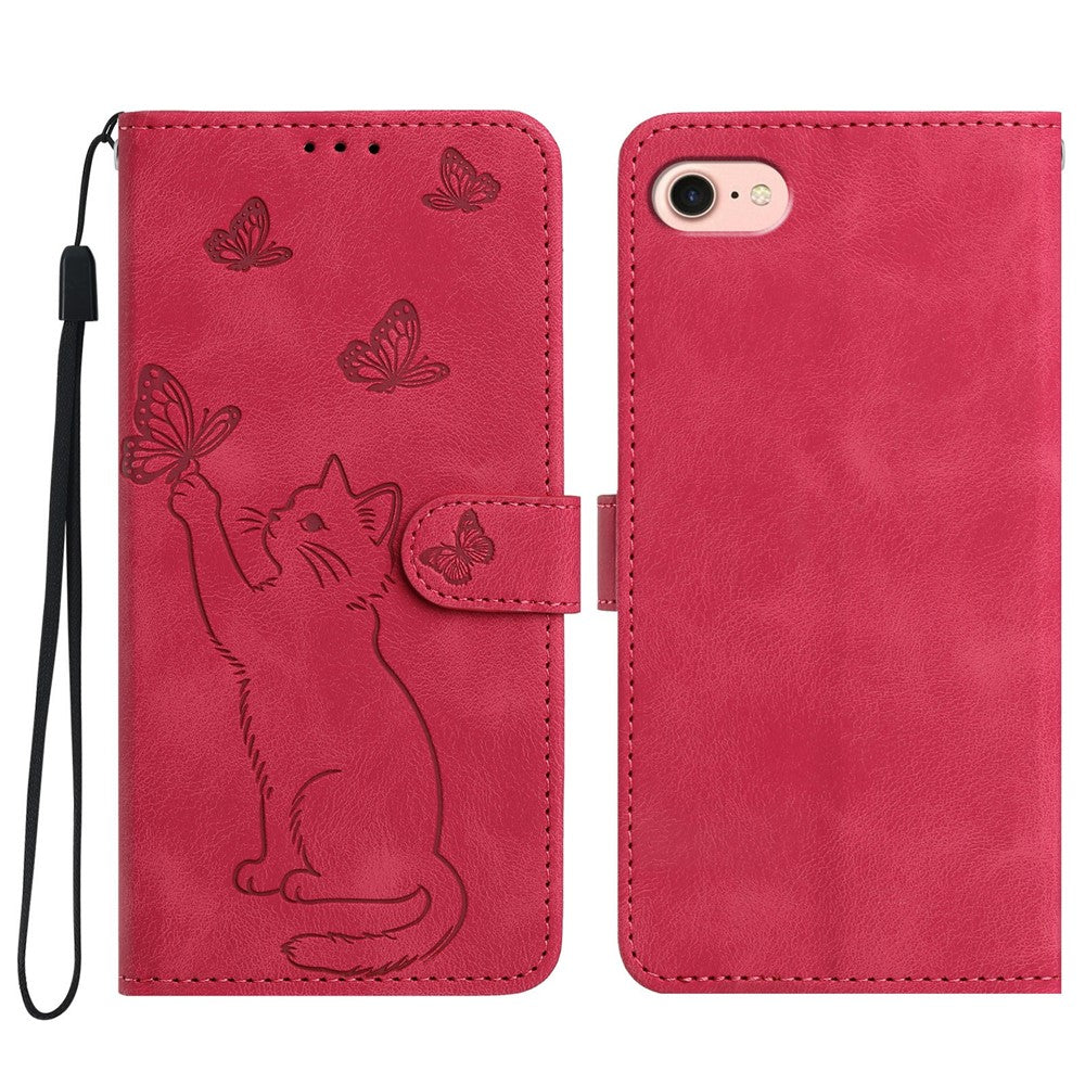For iPhone 17th / 16th Wallet Case Imprinted Cat Butterfly Leather Phone Cover with Wrist Strap
