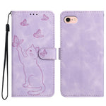 For iPhone 17th / 16th Wallet Case Imprinted Cat Butterfly Leather Phone Cover with Wrist Strap