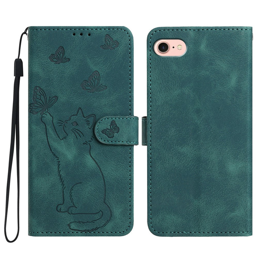 For iPhone 17th / 16th Wallet Case Imprinted Cat Butterfly Leather Phone Cover with Wrist Strap