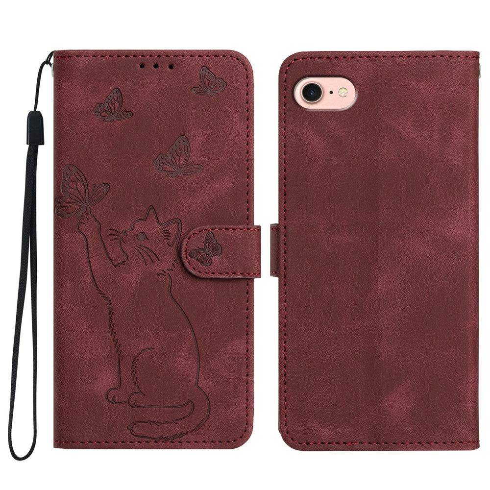 For iPhone 17th / 16th Wallet Case Imprinted Cat Butterfly Leather Phone Cover with Wrist Strap