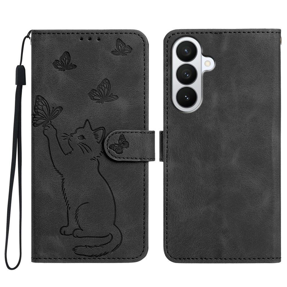 Til Samsung Galaxy S26+ Wallet Cover med trykt katte- og sommerfuglemønster i læder, telefoncover med håndledsrem