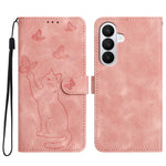 Til Samsung Galaxy S26+ Wallet Cover med trykt katte- og sommerfuglemønster i læder, telefoncover med håndledsrem